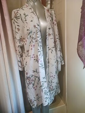 Liberty Love White Floral Kimono Dust Cover with Green & Pink Accents